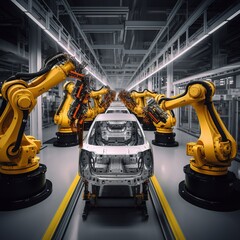 Poster - In a vehicle manufacturing, there is a robot assembly line. generative ai