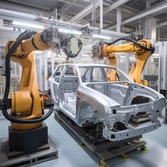 Sticker - Conveyor line with automated robot arm at a vehicle manufacturing. Innovation in Industry Engineer. Generation AI.