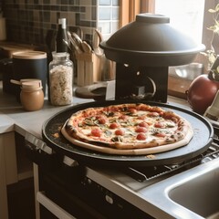 Wall Mural - Tasty pizza on table against stove in kitchen. generative ai