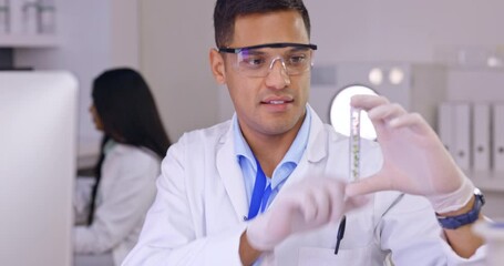 Poster - Plant science, man and laboratory with vial for research for futuristic innovation and development. Professional scientist team in a lab with test tube to study sustainable food for gmo experiment