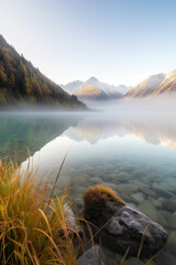 Wall Mural - a lake with mountains in the background and grass growing on the shore, as seen from across the water's edge. Generative AI