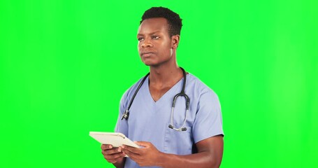 Sticker - Digital tablet, black man and doctor in green screen studio thinking, planning and online consulting on mockup background. Hospital, schedule and nurse on app for telehealth, help or advice isolated