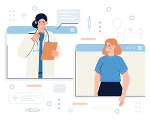 Young female doctor providing modern healthcare services via Internet. Process of giving online consultation to patients. Video call meeting with therapist. Vector