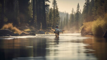 Fisherman Fly Fishing In River Morning Sunrise, Forest Background. Generative Ai Edited