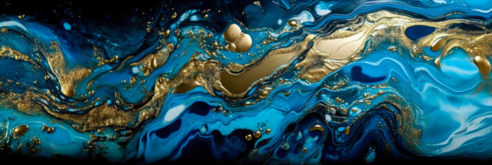 Blue marble and gold abstract background texture. Indigo ocean blue marbling with natural luxury style swirls of marble and gold powder. Acrylic texture. Panoramic banner. Generative AI