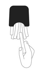 Poster - Tasting crispy fast food french fries monochromatic flat vector first view hand. Eating fry potatoes. Editable thin line icon on white. Simple bw cartoon spot image for web graphic design, animation