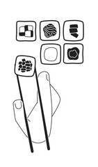 Poster - Taking maki roll with chopsticks out sushi set monochromatic flat vector first view hand. Eating food. Editable thin line icon on white. Simple bw cartoon spot image for web graphic design, animation