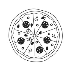 Poster - Large round pepperoni pizza with cheese monochromatic flat vector object. Homemade baked salami food. Editable thin line icon on white. Simple bw cartoon spot image for web graphic design, animation