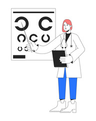 Poster - Female ophthalmologist with eye chart flat line color vector character. Editable simple outline full body person on white. Visual acuity cartoon spot illustration for web graphic design and animation