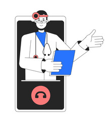 Poster - Online ENT doctor on phone flat line concept vector spot illustration. Otolaryngologist 2D cartoon outline character on white for web UI design. Editable hero image for website landing, mobile header