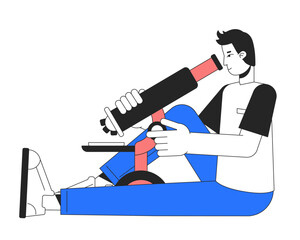 Poster - Male lab researcher with microscope flat line color vector character. Editable simple outline full body person on white. Clinical scientist cartoon spot illustration for web graphic design, animation