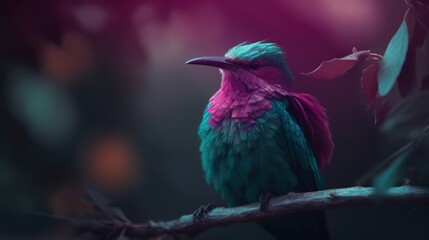 Poster -  a colorful bird sitting on a branch in the dark night.  generative ai