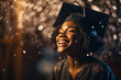 Portrait of black american young woman wearing a graduation cap dancing at the party. Festive bokeh background. Generative AI illustration