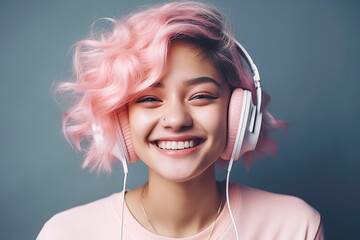 Happy asian woman with pink hair listens song in headphones. Generative AI illustration