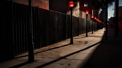 Poster -  a row of red street lights next to a black fence.  generative ai