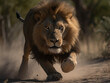 Great male lion with majestic mane walking towards camera on dusty ground in africa - Generative AI