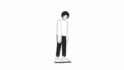 Poster - Anxious guy head down bw animation. Depressed man standing lonely isolated 2D flat monochromatic thin line character 4K video footage on white with alpha channel transparency for web design