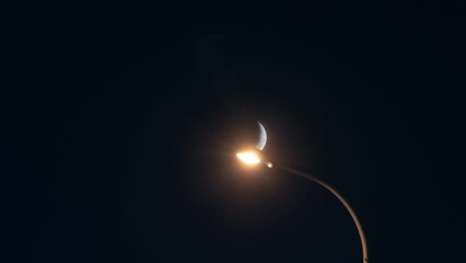 Wall Mural - timelapse of the new moon in the night sky with a street lamp