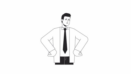 Poster - Frowning boss posing bw animation. Angry man with hands on hips isolated 2D flat monochromatic thin line character 4K video footage on white with alpha channel transparency for web design