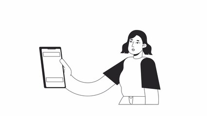Poster - Shocked girl with phone bw animation. Looking with surprise at mobile isolated 2D flat monochromatic thin line character 4K video footage on white with alpha channel transparency for web design