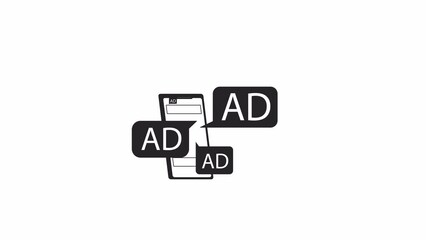 Poster - phone with pop up ads bw animation. animated unwanted advertisements on smartphone 2d flat monochrom