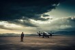 © Lasvu - Airfield scene with a military pilot and an airplane waiting for a mission. Generative AI