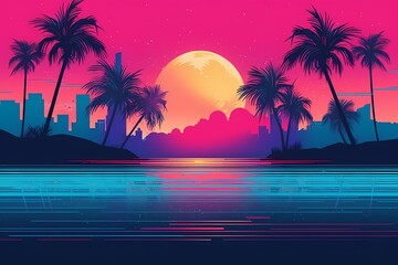 Wall Mural - Retro futuristic synthwave retrowave styled night cityscape with sunset on background. Cover or banner template for retro wave music. Art illustration. Generative ai.