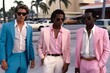 Group of retro wave vice Miami fashioned men in sunglasses. Sunset scene in Miami of 80's. Synth wave. Nostalgia Fashion Look Book. Generative ai.