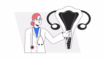 Poster - gynecology doctor animation. animated gynaecologist, obgyn 2d cartoon flat colour line character. ob