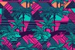 Retrowave exotic leaves summer funky shirt seamless pattern. 80s 90s pop art memphis style. Miami or Hawaii style. Expressive ornament for textile, wrapping. Generative ai.