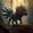 Mysterious chimera monster in the forest. Mythology character. Illustration