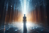Fototapeta Londyn - A futuristic image of a woman from behind entering a vortex portal or energy portal or merging with artificial intelligence or entering into contact with a pulsating extraterrestrial light