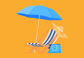 Wall Mural - Beach deck chair with umbrella. Summer vacation on a sandy beach. Happy hot vacation. Vector illustration