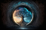 Fototapeta Perspektywa 3d - Sacred fantasy tree of life with afterlife portal gate leading to divine mystery 