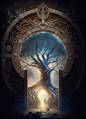 Sacred fantasy tree of life with afterlife portal gate leading to divine mystery 