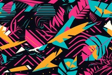 Retrowave Exotic Leaves Summer Funky Shirt Seamless Pattern. 80s 90s Pop Art Memphis Style. Miami Or Hawaii Style. Expressive Ornament For Textile, Wrapping. Generative Ai.