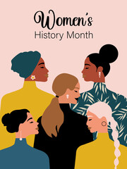 Wall Mural - Women's History Month. Women of different ages, nationalities and religions come together. Pink vertical poster. 