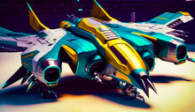 Blue And Yellow Fighter Jet Sitting On Top Of Yellow And Purple Floor. Generative AI.