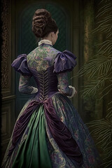 Illustration of woman with victorian dress. Generative Ai