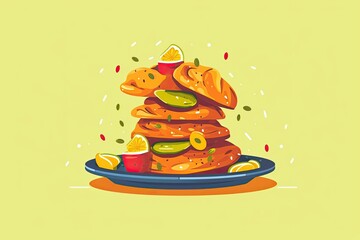 Wall Mural - colorful plate filled with delicious food on a vibrant yellow background. Generative AI