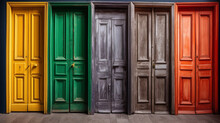 Colorful Standing Wooden Doors Lined Up Side By Side Generated AI