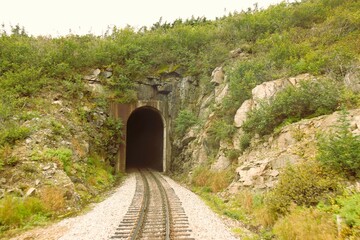 Wall Mural - Train tracks running through a mountain range surrounded by trees and green vegetation