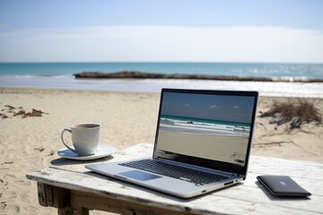 Wall Mural - Working outdoors with a stunning ocean view while using an open laptop with a blank screen. Laptop with a background of the sea. Generative AI