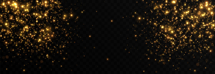 Wall Mural - Vector gold sparkles on an isolated transparent background. Atomization of golden dust particles png. Glowing particles png. Gold dust. Light effect.