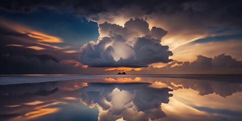 Wall Mural - Landscape Long exposure of majestic clouds in the sky during a seaside sunset or sunrise with a tropical sea reflection. lovely cloudscape scene. Stunning natural lighting landscape background