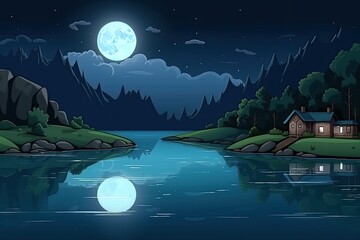 Canvas Print - serene night scene with a cozy house by a calm lake. Generative AI