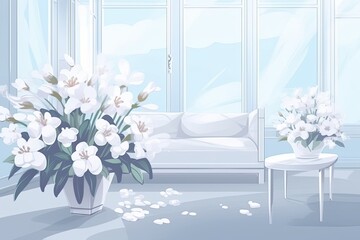 Poster - cozy living room with a comfortable couch and a beautiful vase of flowers. Generative AI