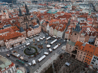 Wall Mural - Panoramic aerial view of old Town square in Prague on a beautiful summer day, Czech Republic. Church of our Lady before Tyn and Prague Astronomical Clock Tower
