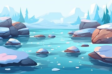 Wall Mural - winter landscape with a river and snowy rocks. Generative AI