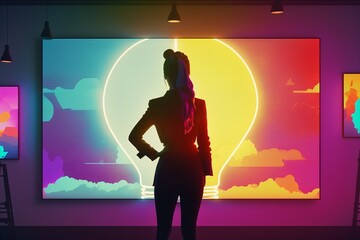 Wall Mural - bright idea and creative thinking, visualization of brainstorming, a colorful glowing 3d idea bulb lamp, successful modern businesswoman, fictional person created with generative ai